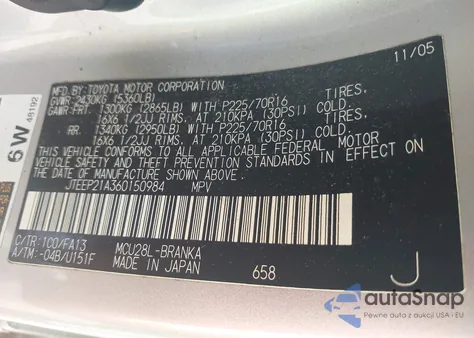 2006 Toyota Highlander V6 из США, поврежденный, VIN JTEEP21A360150984